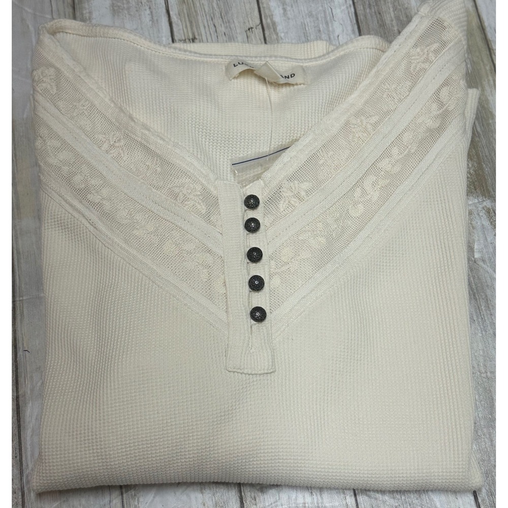Lucky Brand Womens Ivory Waffle‎ Knit Lace Trim Henley Top XL Long Sleeve NWOT